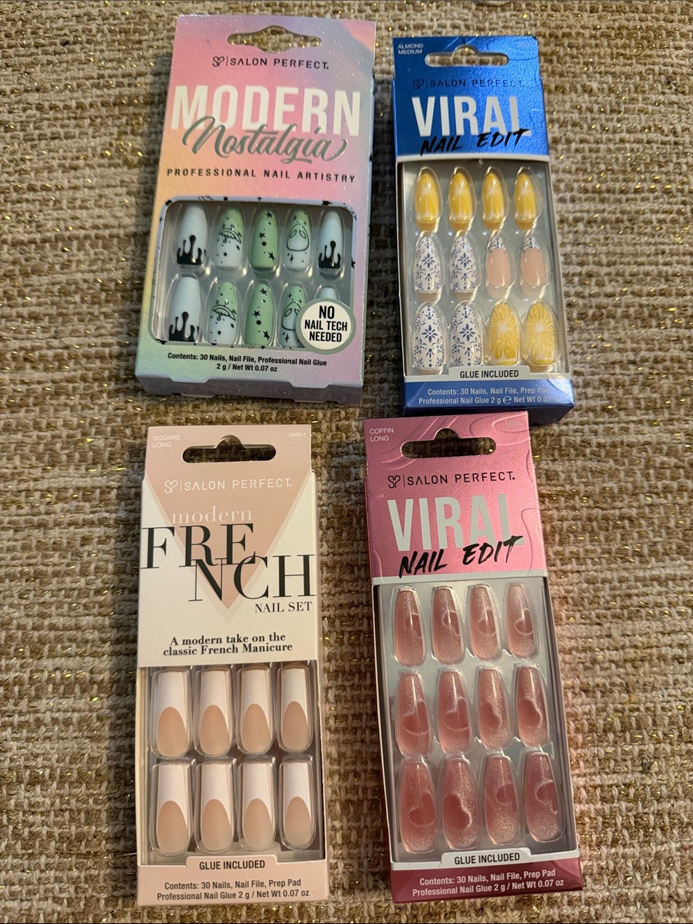 Salon perfect ,Assorted Press-On Nail Sets - Pink, Yellow, Green, Nude